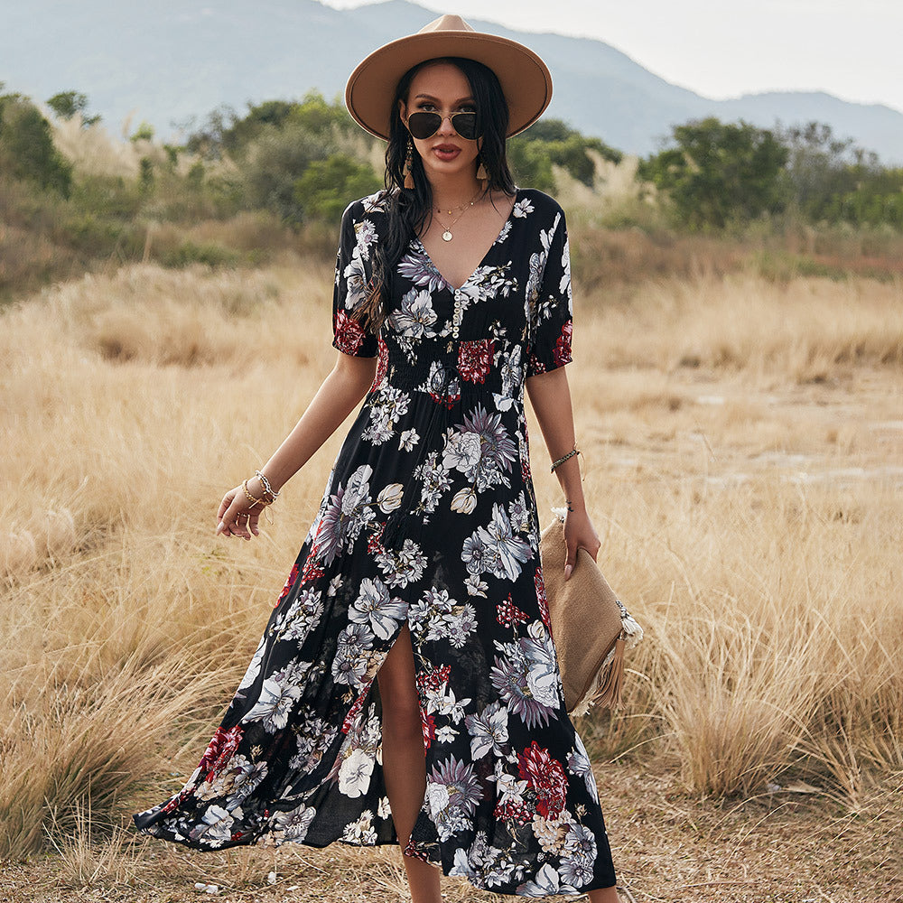 Floral  V Neck Elastic Waist Dress