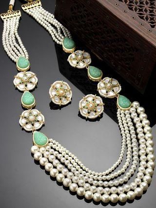 Karatcart Pearl Beaded Light Green Carved Stone Kundan Rani Haar Necklace Set for Women