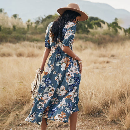 Floral  V Neck Elastic Waist Dress