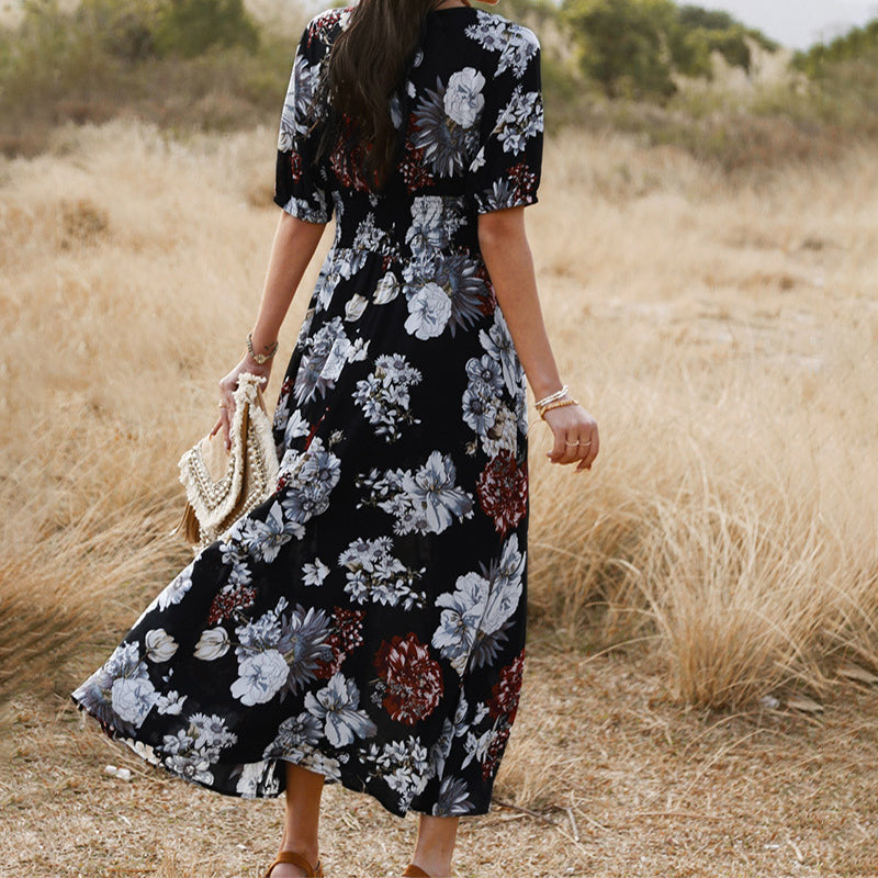 Floral  V Neck Elastic Waist Dress