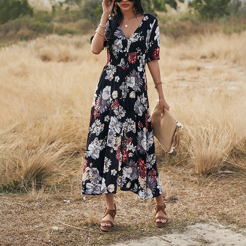 Floral  V Neck Elastic Waist Dress